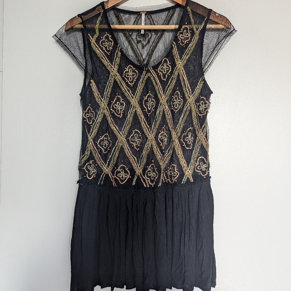 Free People Sheer Black Mini Dress/Top with Beaded Embroidery
